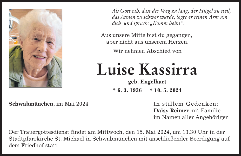 Traueranzeige von Luise Kassirra von Schwabmünchner Allgemeine