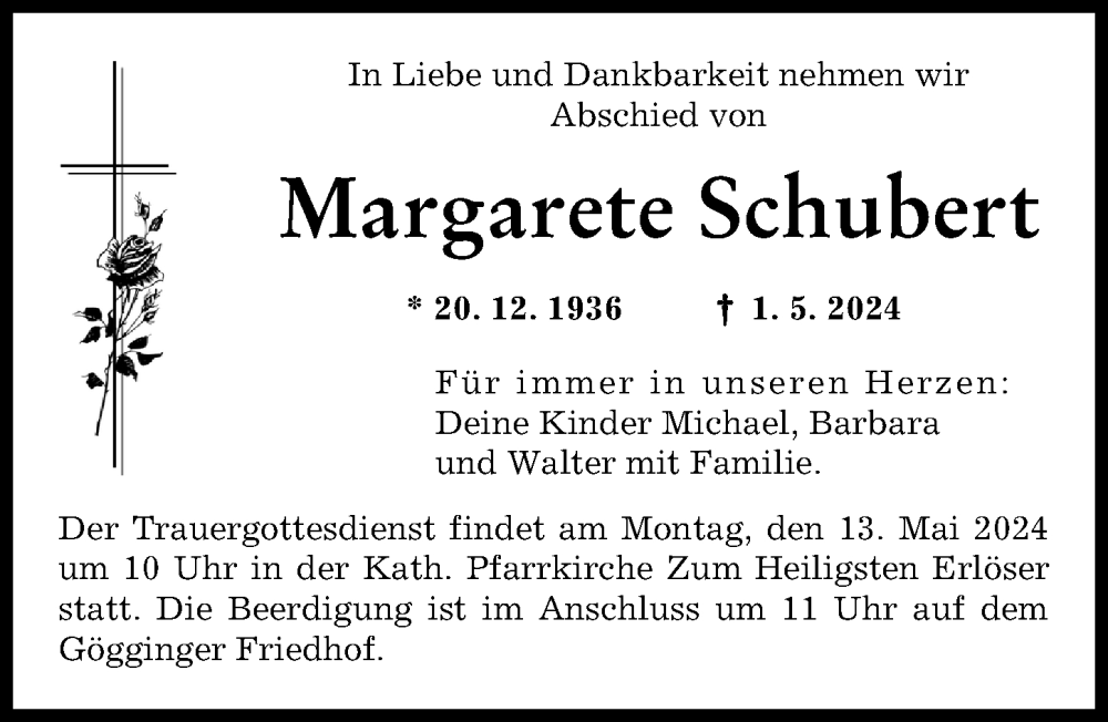Traueranzeige von Margarete Schubert von Augsburger Allgemeine
