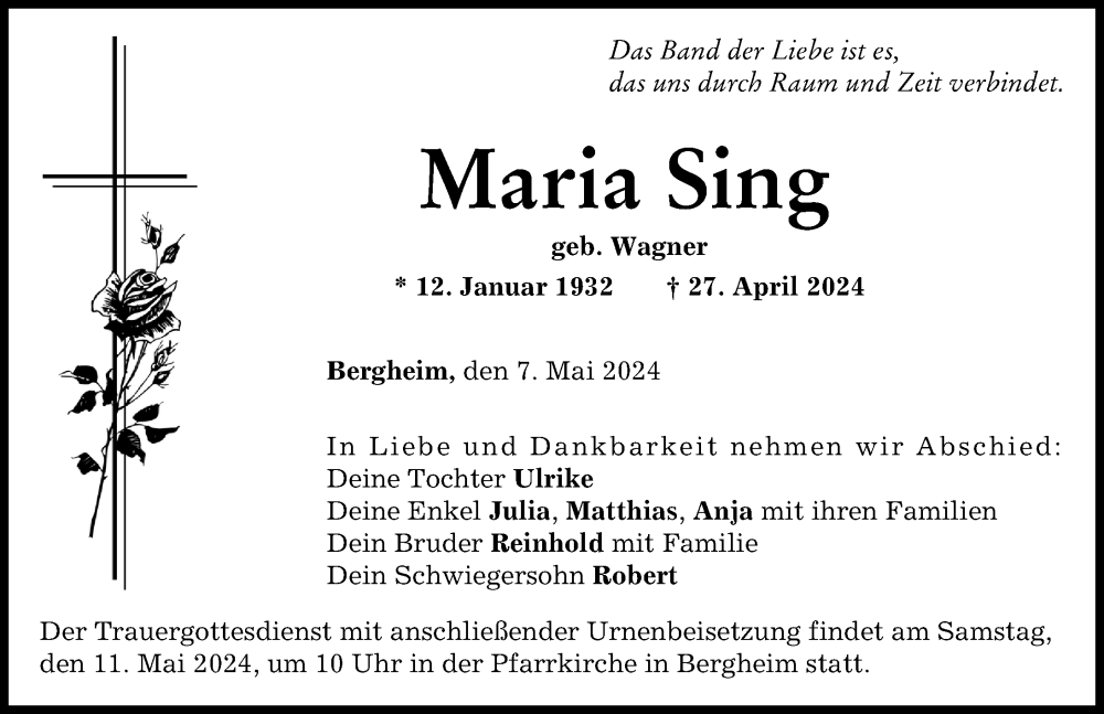 Traueranzeige von Maria Sing von Donau Zeitung
