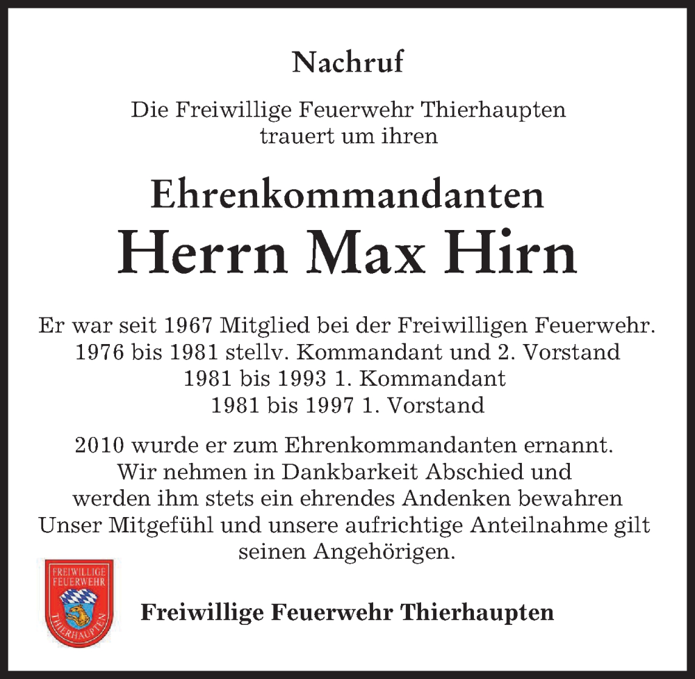 Traueranzeige von Max Hirn von Augsburg-Land