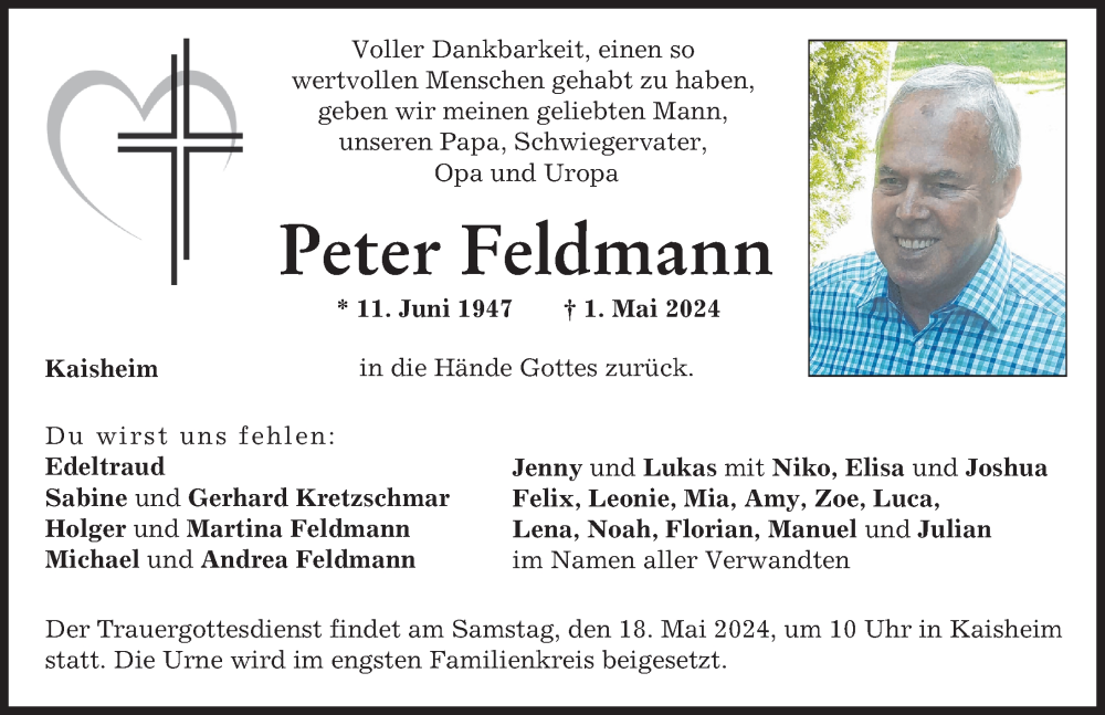 Traueranzeige von Peter Feldmann von Donauwörther Zeitung