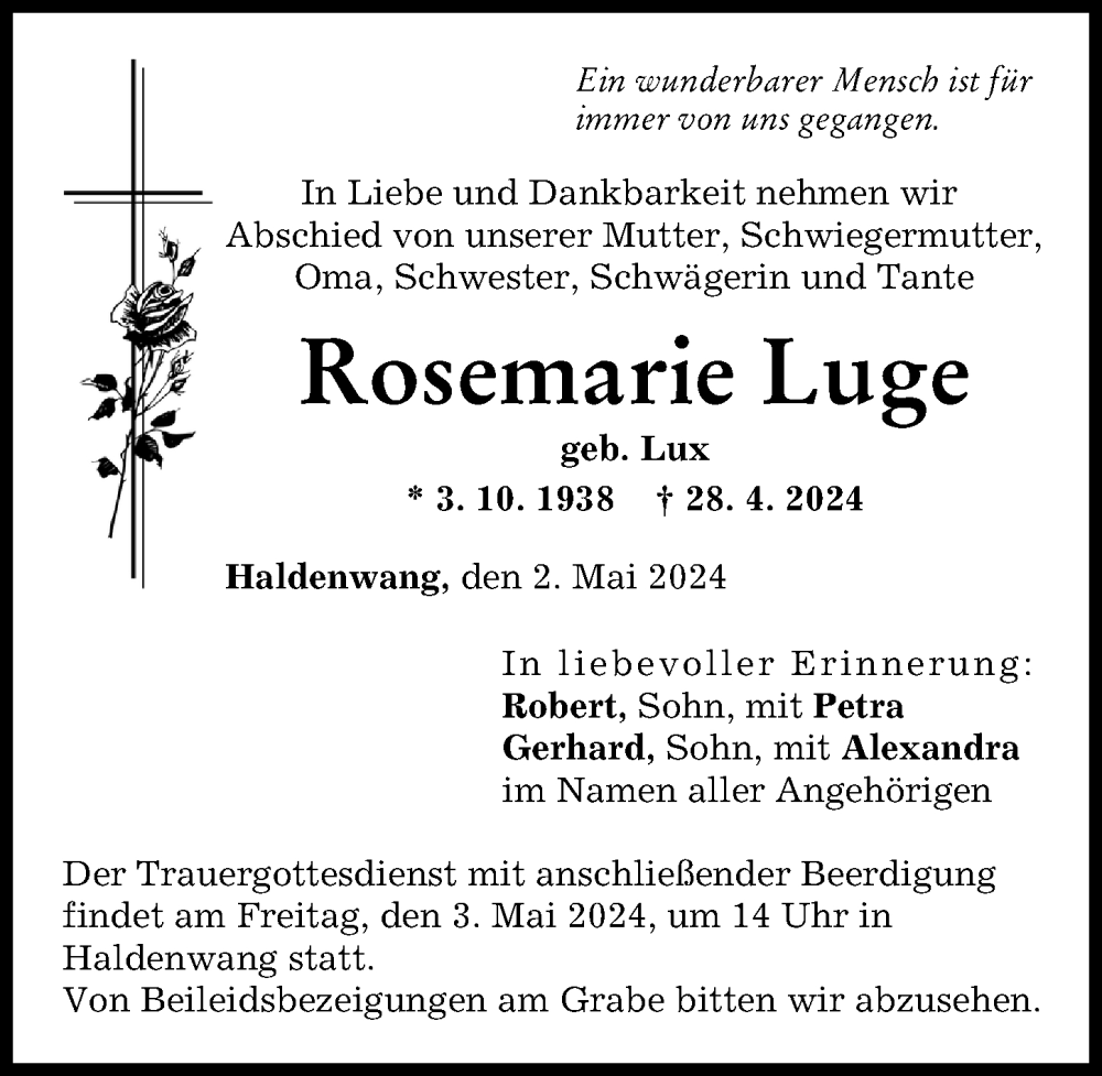 Traueranzeige von Rosemarie Luge von Günzburger Zeitung