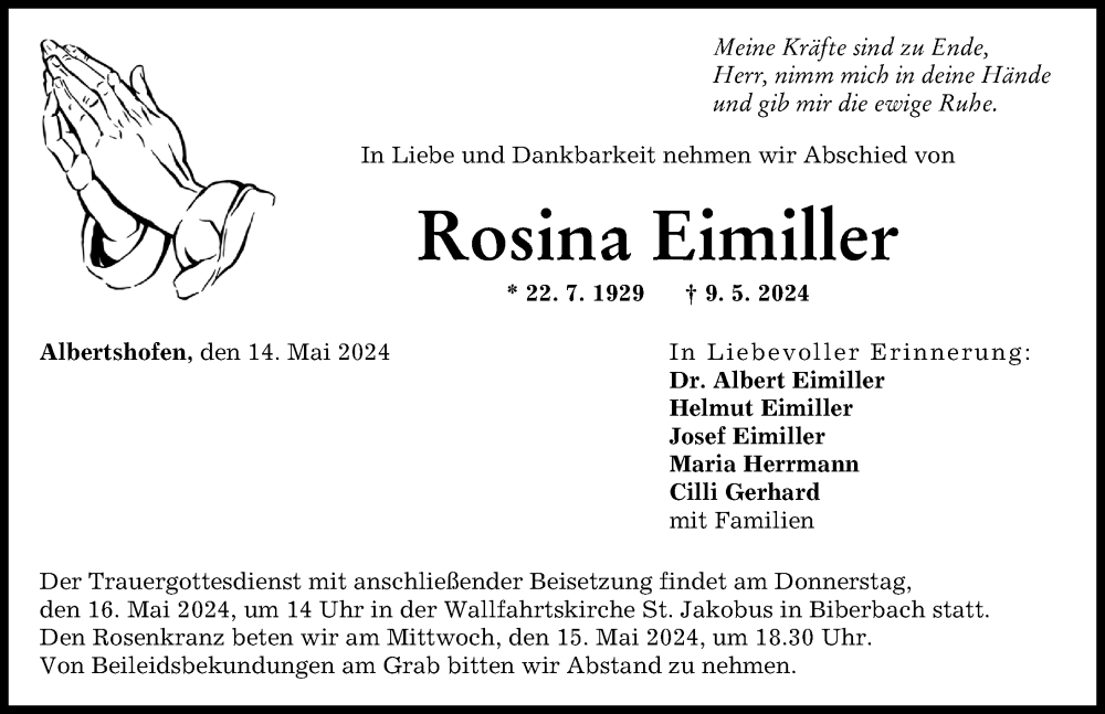Traueranzeige von Rosina Eimiller von Augsburg-Land