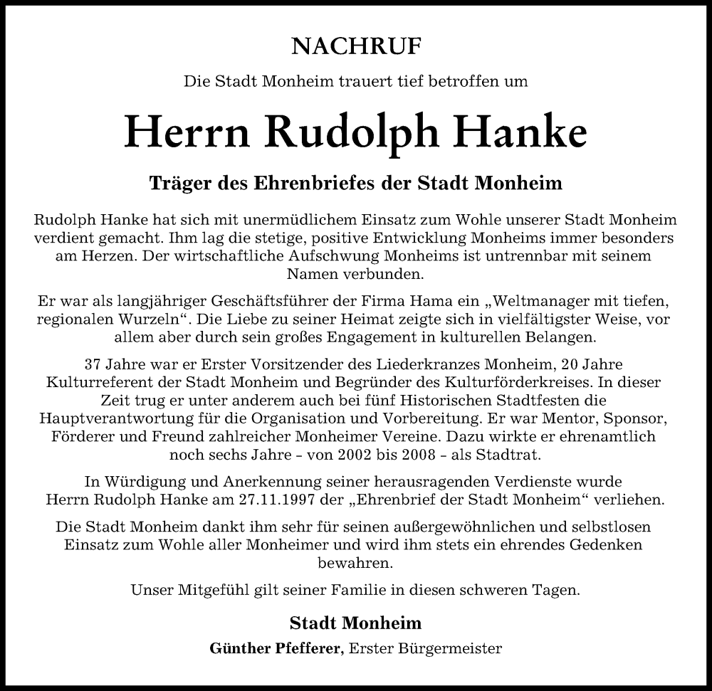 Traueranzeige von Rudolph Hanke von Donauwörther Zeitung