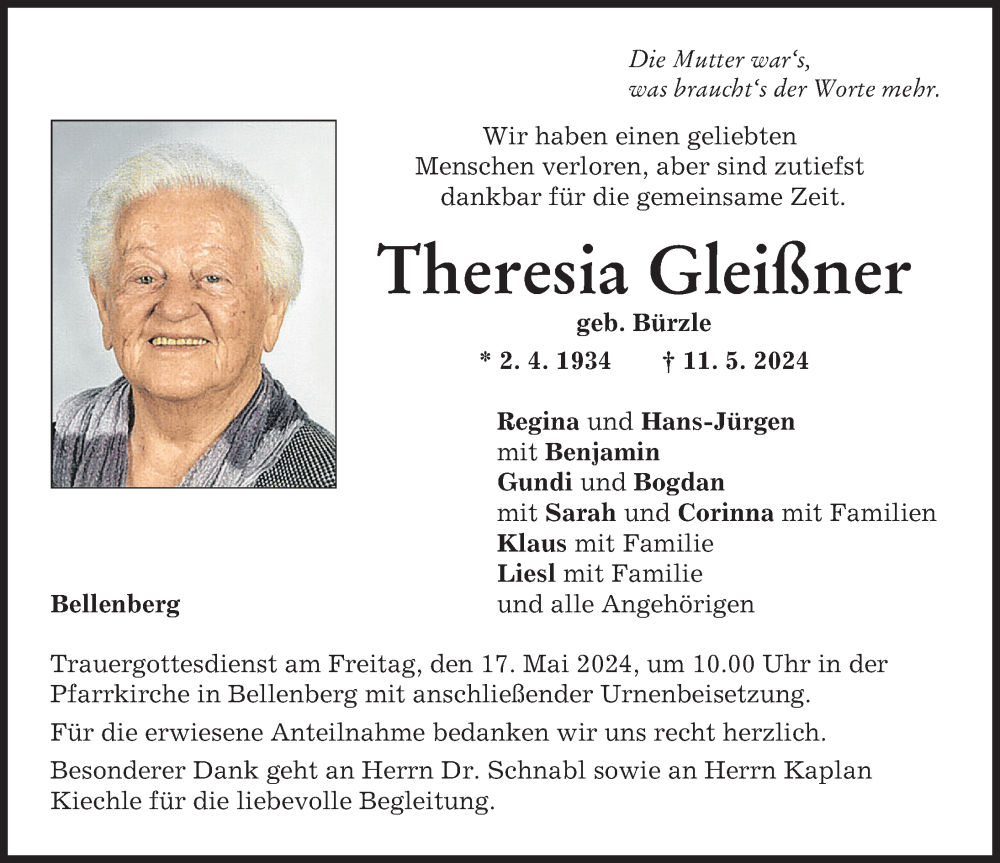 Traueranzeige von Theresia Gleißner von Illertisser Zeitung