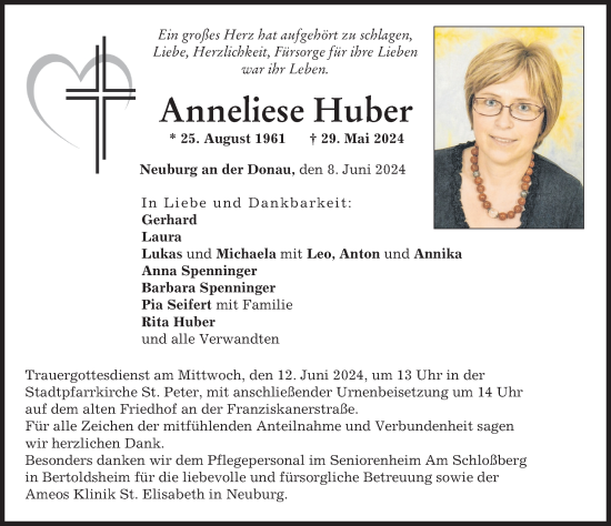 Traueranzeigen Von Anneliese Huber Augsburger Allgemeine Zeitung