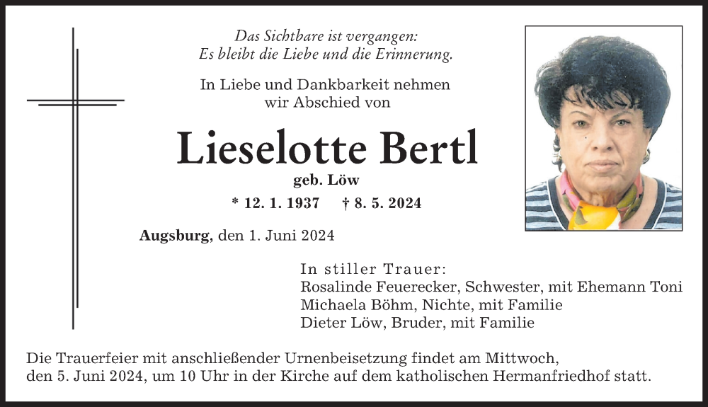 Traueranzeigen Von Lieselotte Bertl Augsburger Allgemeine Zeitung