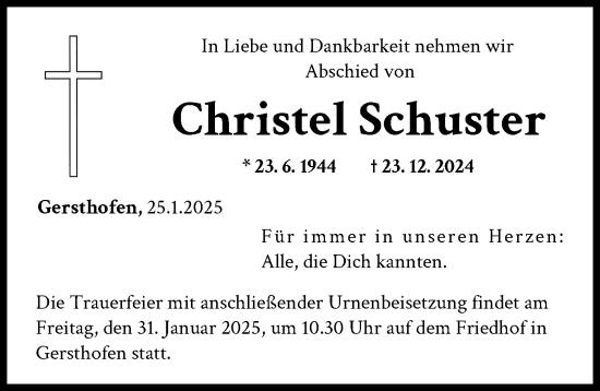 Traueranzeigen Von Christel Schuster Augsburger Allgemeine Zeitung