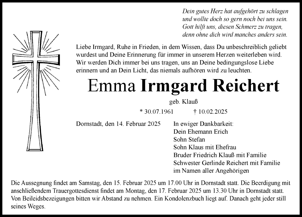 Traueranzeigen Von Emma Irmgard Reichert Augsburger Allgemeine Zeitung