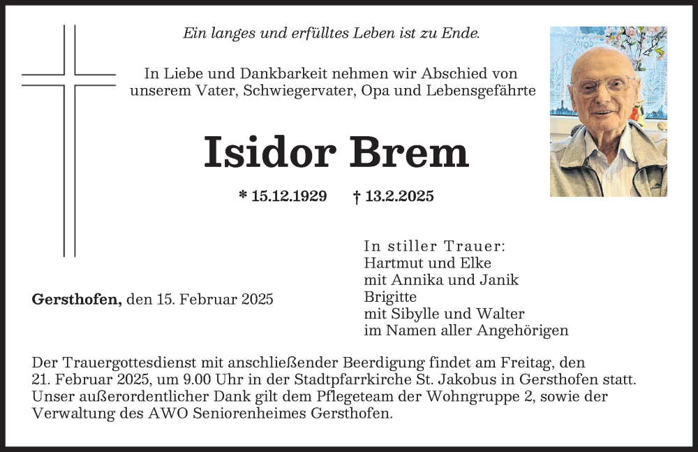 Traueranzeigen Von Isidor Brem Augsburger Allgemeine Zeitung