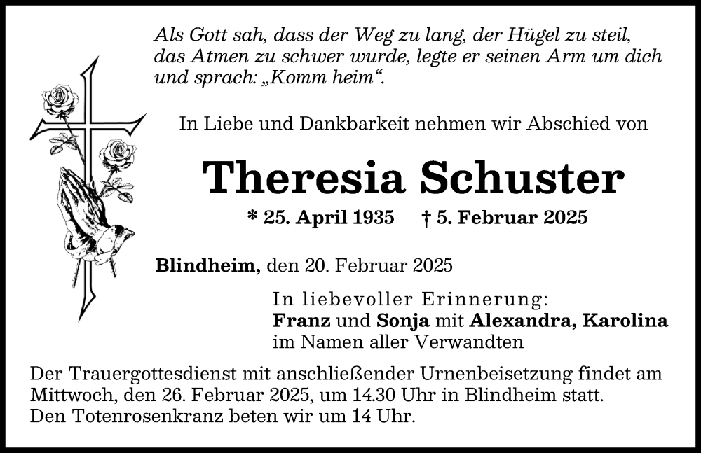 Traueranzeigen Von Theresia Schuster Augsburger Allgemeine Zeitung