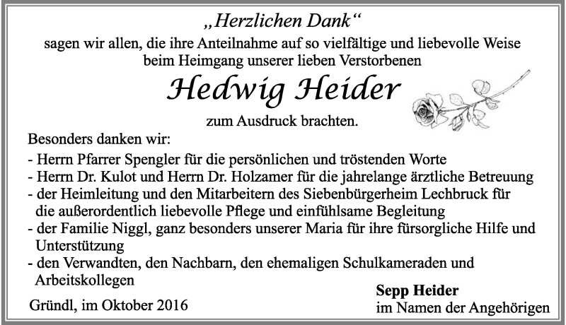 Traueranzeige von Hedwig Heider von Allgäuer Zeitung