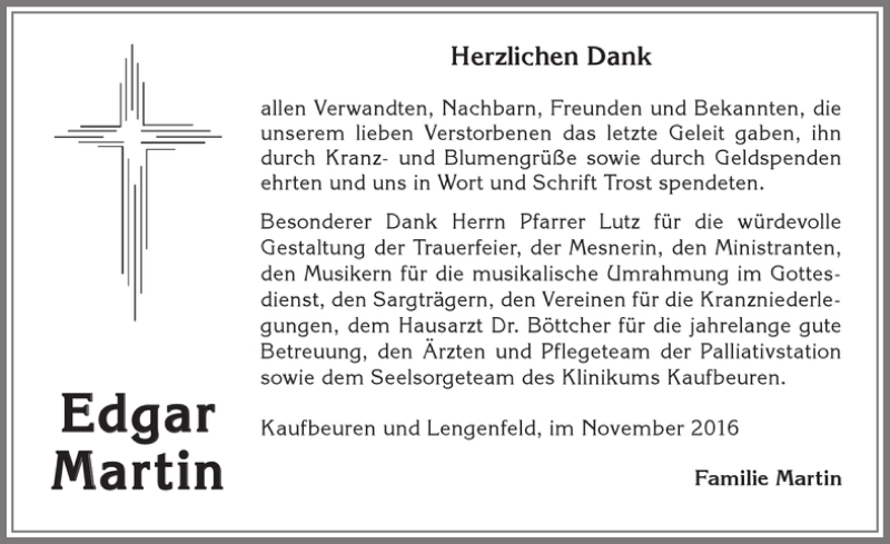 Traueranzeige von Edgar Martin von Allgäuer Zeitung, Kaufbeuren/Buchloe