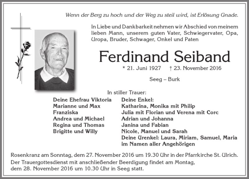 Traueranzeige von Ferdinand Seiband von Allgäuer Zeitung, Füssen