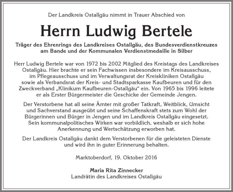 Traueranzeige von Ludwig Bertele von Allgäuer Zeitung