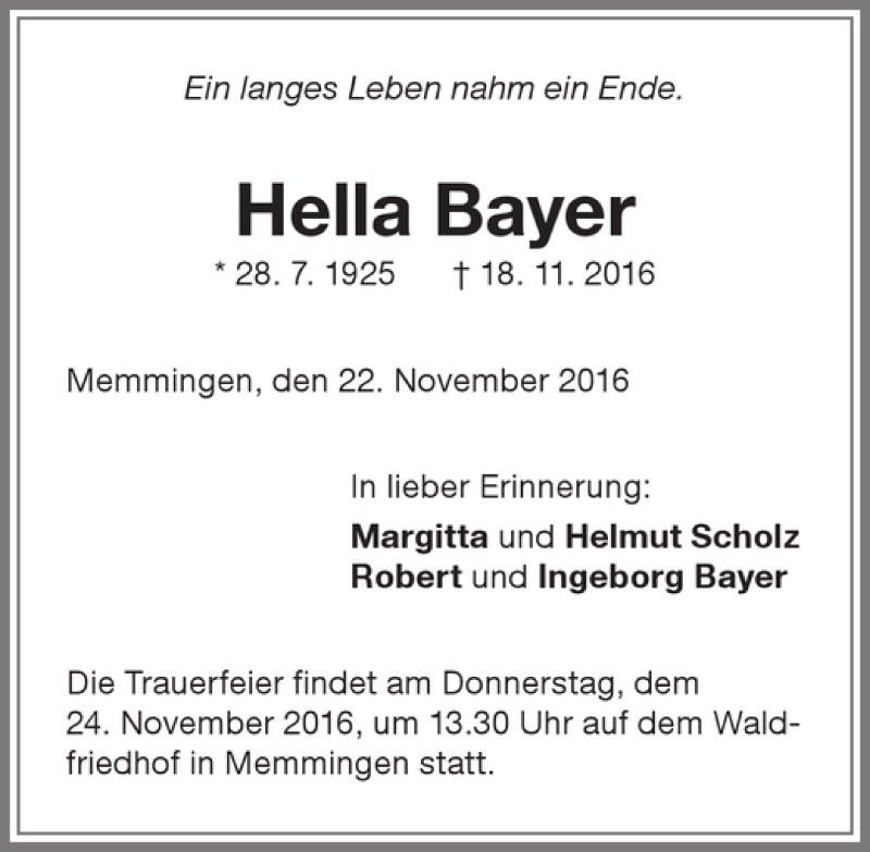 Traueranzeige von Hella Bayer von Memminger Zeitung