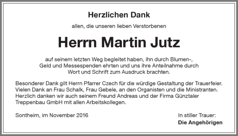 Traueranzeige von Martin Jutz von Memminger Zeitung