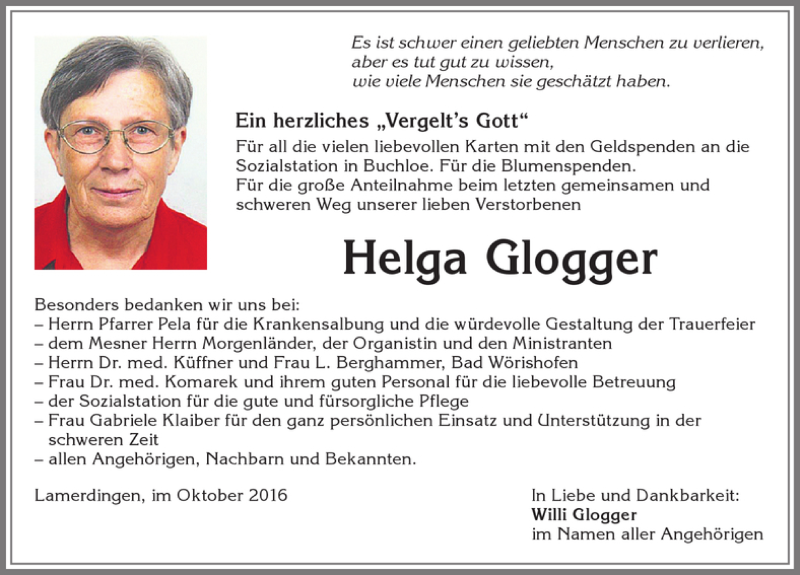 Traueranzeigen von Helga Glogger | Augsburger Allgemeine Zeitung