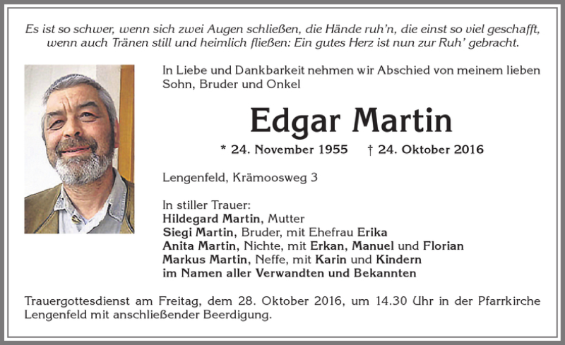 Traueranzeige von Edgar Martin von Allgäuer Zeitung, Kaufbeuren/Buchloe