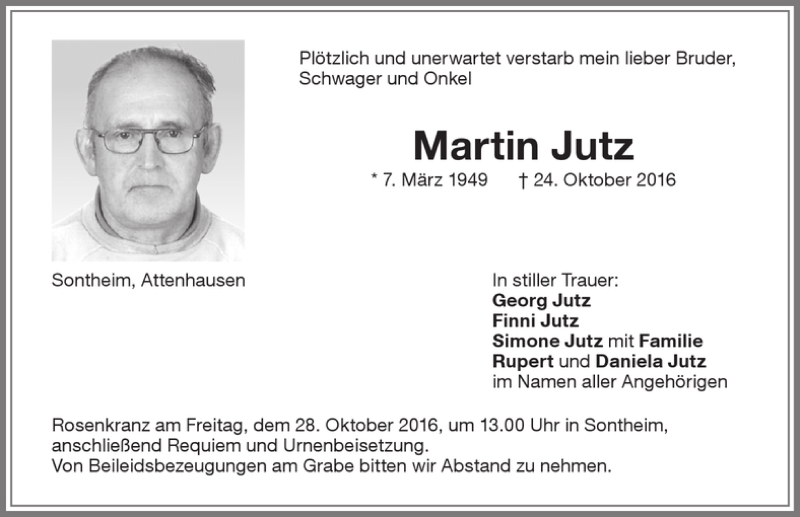 Traueranzeige von Martin Jutz von Memminger Zeitung