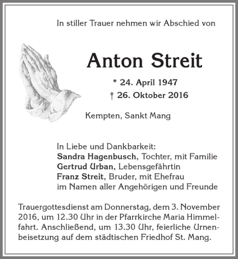 Traueranzeige von Anton Streit von Allgäuer Zeitung,Kempten