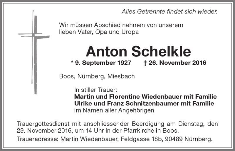 Traueranzeige von Anton Schelkle von Memminger Zeitung