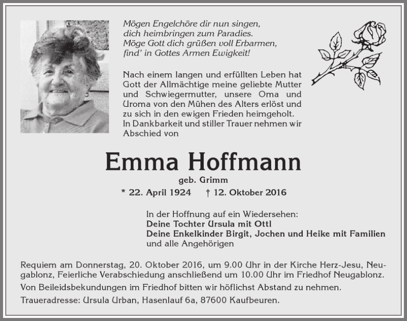 Traueranzeigen von Emma Hoffmann | Augsburger Allgemeine Zeitung