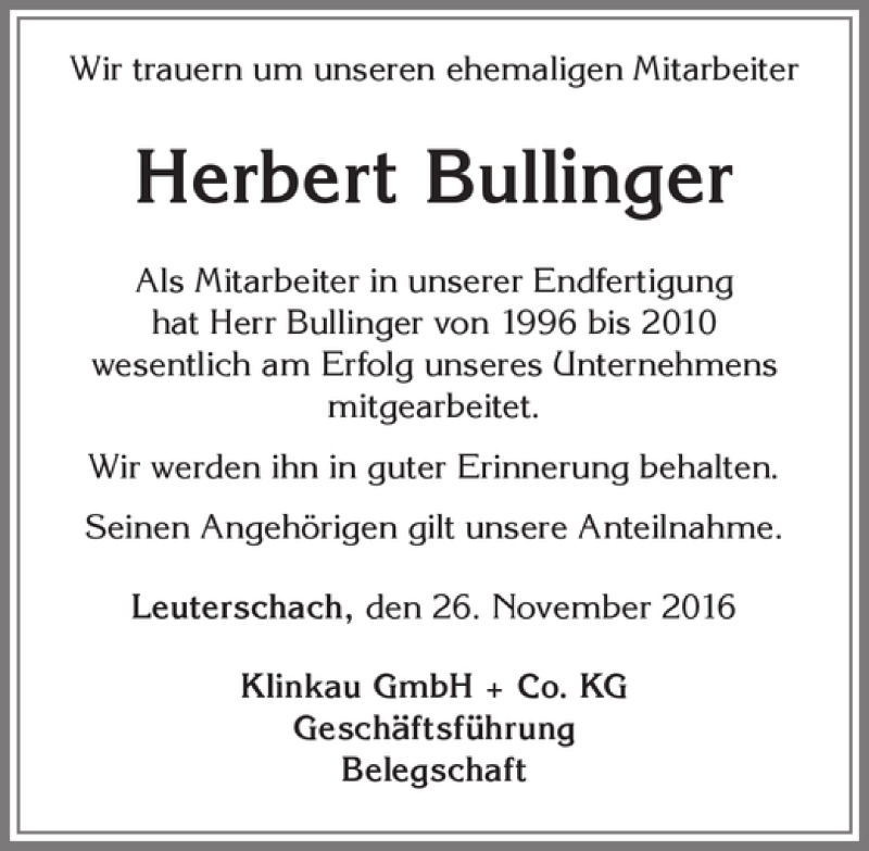 Traueranzeige von Herbert Bullinger von Allgäuer Zeitung, Marktoberdorf