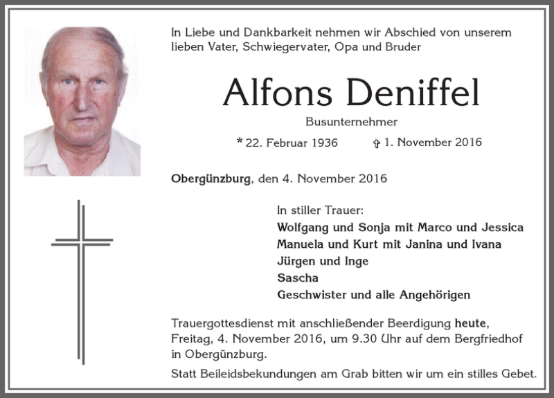 Traueranzeige von Alfons Deniffel von Allgäuer Zeitung, Marktoberdorf