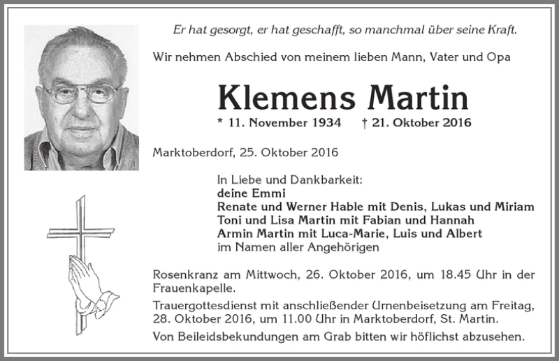 Traueranzeige von Klemens Martin von Allgäuer Zeitung, Marktoberdorf