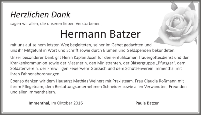 Traueranzeige von Hermann Batzer von Allgäuer Zeitung, Marktoberdorf