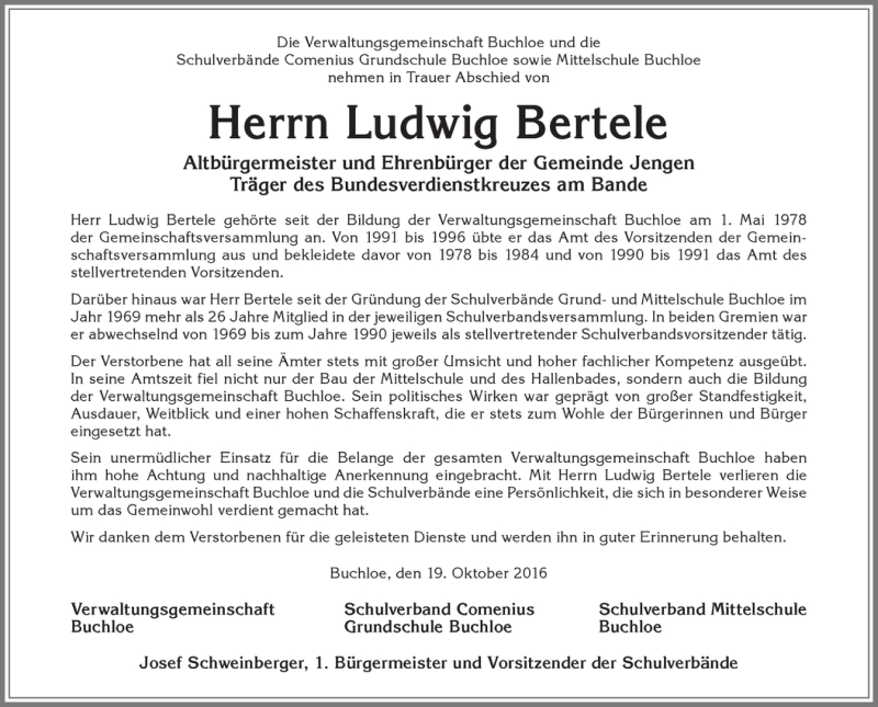 Traueranzeige von Ludwig Bertele von Allgäuer Zeitung, Kaufbeuren/Buchloe