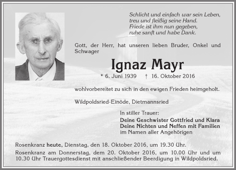 Traueranzeigen Von Ignaz Mayr Augsburger Allgemeine Zeitung