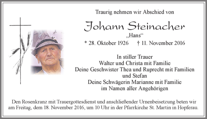 Traueranzeige von Johann Steinacher von Allgäuer Zeitung, Füssen