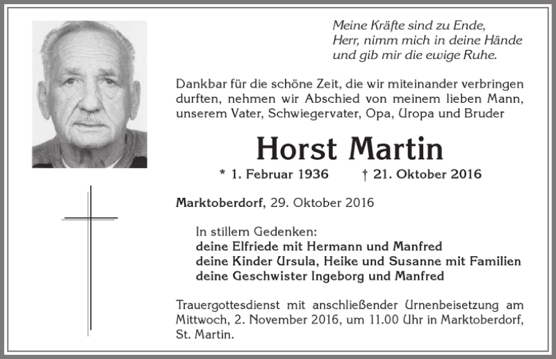 Traueranzeige von Horst Martin von Allgäuer Zeitung, Marktoberdorf