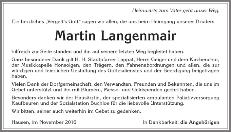 Traueranzeige von Martin Langenmair von Allgäuer Zeitung, Kaufbeuren/Buchloe