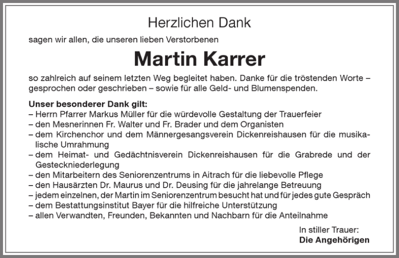 Traueranzeige von Martin Karrer von Memminger Zeitung