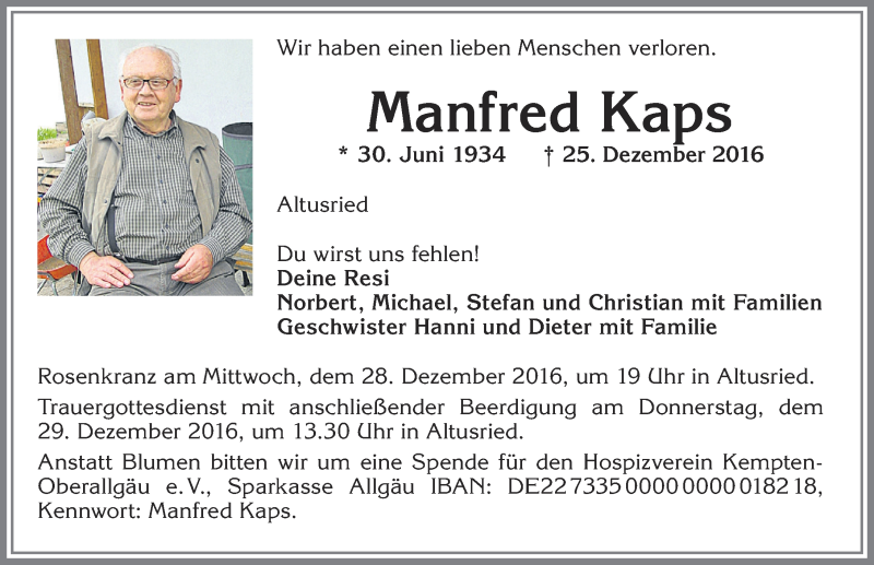 Traueranzeige von Manfred Kaps von Allgäuer Zeitung,Kempten