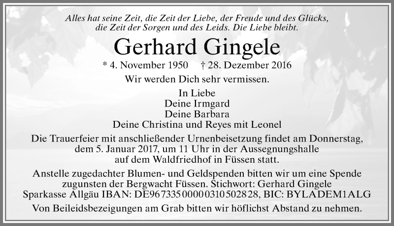 Traueranzeige von Gerhard Gingele von Allgäuer Zeitung, Füssen