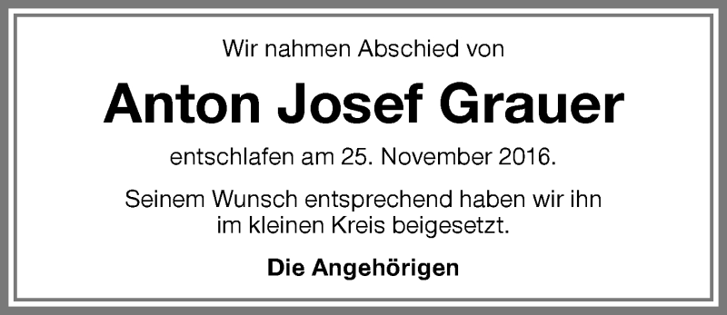 Traueranzeige von Anton Josef Grauer von Memminger Zeitung