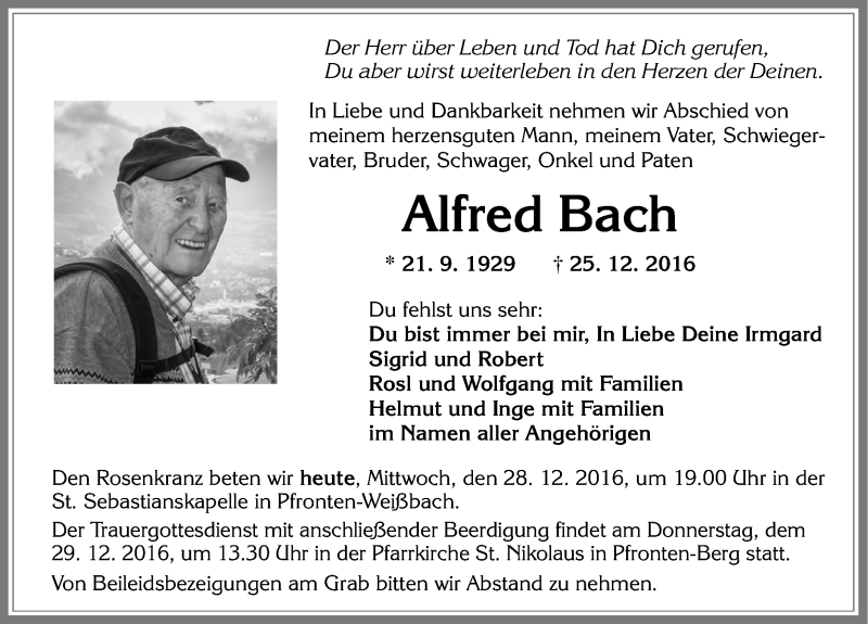 Traueranzeige von Alfred Bach von Allgäuer Zeitung, Füssen