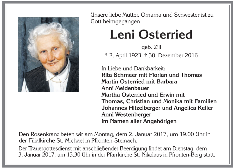 Traueranzeige von Leni Osterried von Allgäuer Zeitung, Füssen