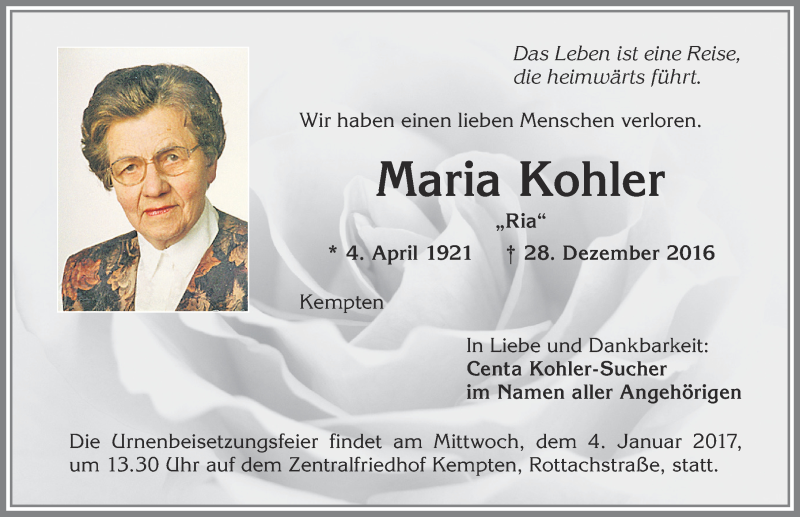 Traueranzeige von Maria Kohler von Allgäuer Zeitung