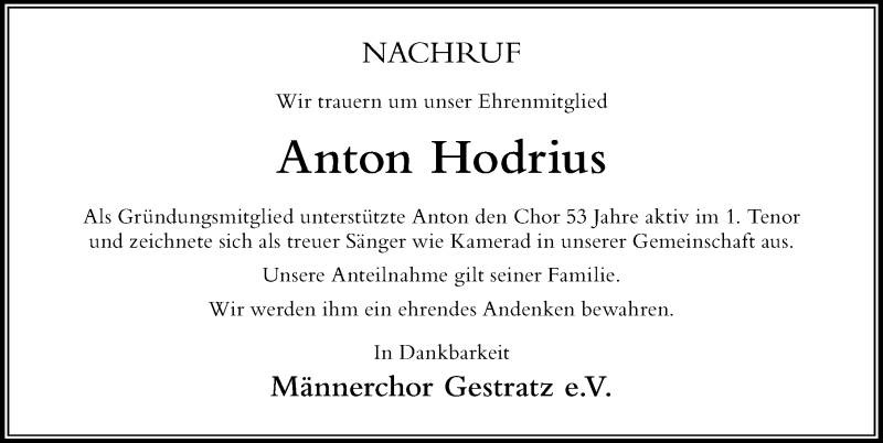 Traueranzeige von Anton Hodrius von Der Westallgäuer