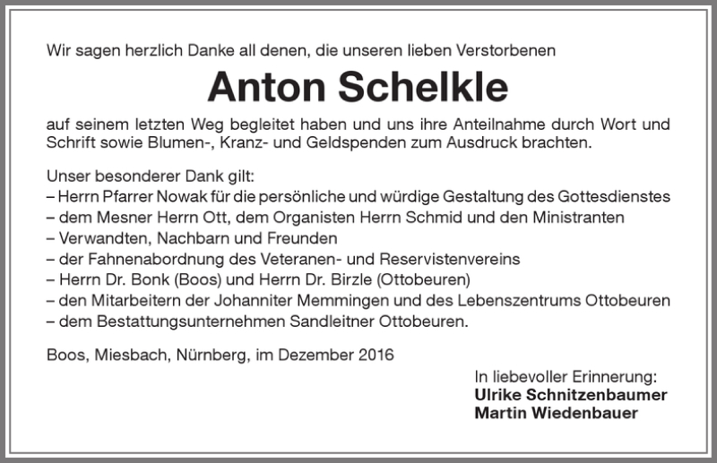 Traueranzeige von Anton Schelkle von Memminger Zeitung