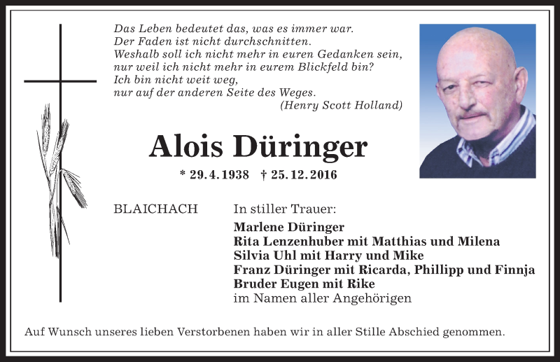 Traueranzeige von Alois Düringer von Allgäuer Anzeigeblatt