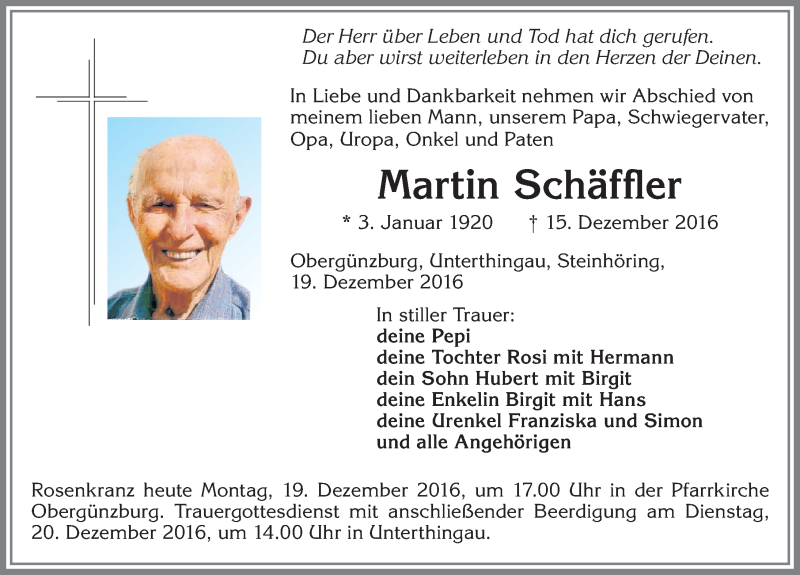 Traueranzeige von Martin Schäffler von Allgäuer Zeitung, Marktoberdorf