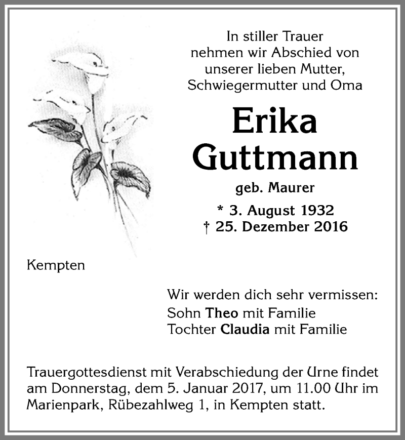 Traueranzeige von Erika Guttmann von Allgäuer Zeitung,Kempten