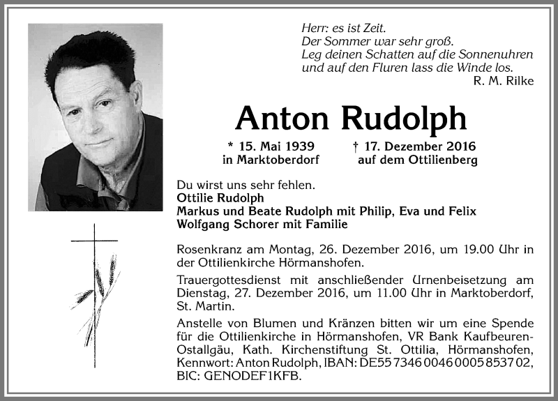 Traueranzeige von Anton Rudolph von Allgäuer Zeitung, Marktoberdorf