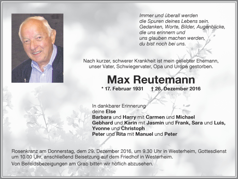 Traueranzeige von Max Reutemann von Memminger Zeitung